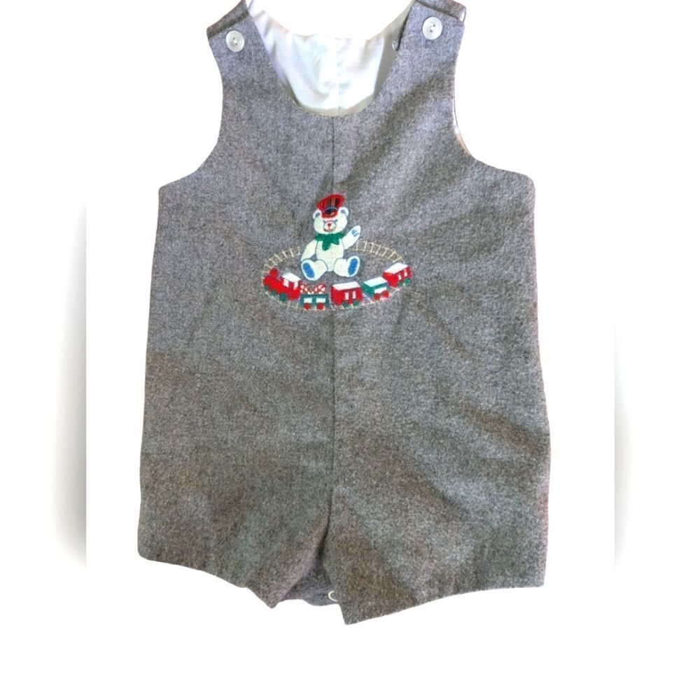 Kids vintage gray‎ wool holiday embroidered shortalls